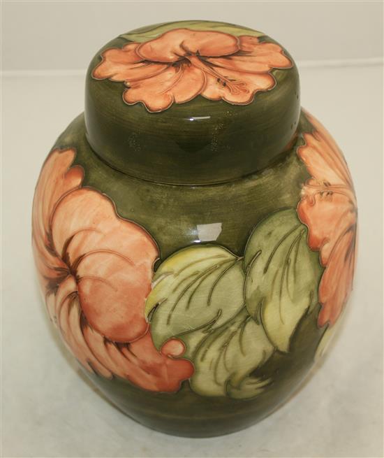 A Moorcroft jardiniere, a ginger jar and cover and bowl, post-war, jardiniere 17.5cm